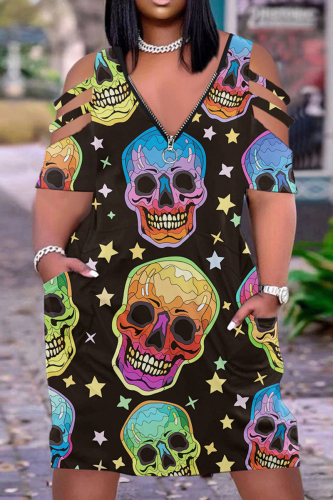 Black Halloween Pumpkin Ghost Print Deep V Neck Short Sleeve Loose Fit T Shirt Midi Dress