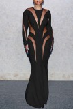 Black Sexy Patchwork See-through O Neck Long Dress Dresses