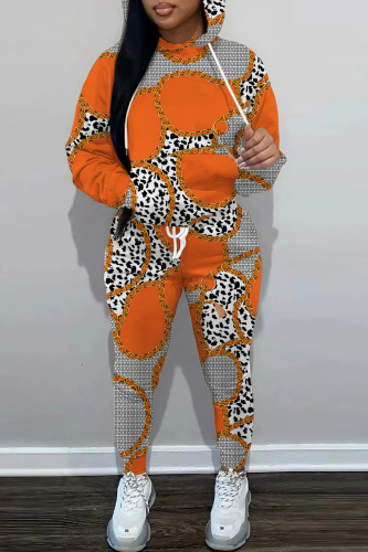 Orange Casual Print Patchwork Hooded Collar Long Sleeve Two Pieces