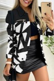 Gray White Casual Print Patchwork Turndown Collar Outerwear