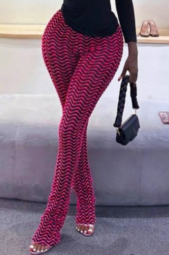 Rose Red Casual Ripple Patchwork Skinny Mid Waist Conventional Patchwork Trousers