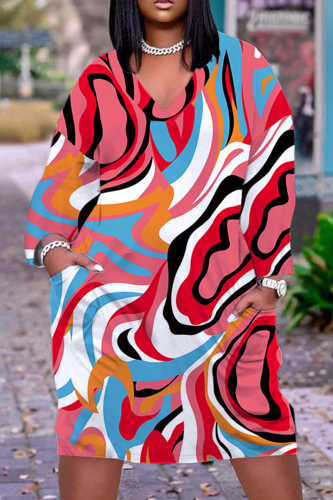 Watermelon Red Casual Patchwork V Neck Long Sleeve Dresses