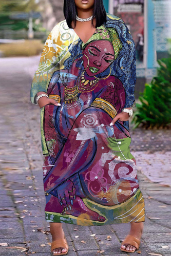 Fuchsia Casual Print Patchwork V Neck Long Sleeve Dresses