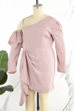 Pink Casual Solid Patchwork Asymmetrical Oblique Collar Long Sleeve Plus Size Dresses