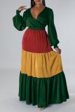 Multicolor Casual Patchwork Contrast V Neck Long Dress Dresses