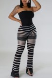 Black Casual Striped Patchwork See-through Skinny High Waist Conventional Patchwork Trousers