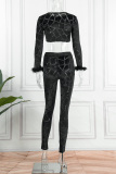 Black Sexy Casual Patchwork Feathers O Neck Long Sleeve Two Pieces