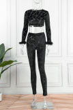 Black Sexy Casual Patchwork Feathers O Neck Long Sleeve Two Pieces