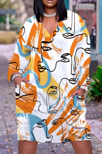 Orange Casual Patchwork V Neck Long Sleeve Dresses