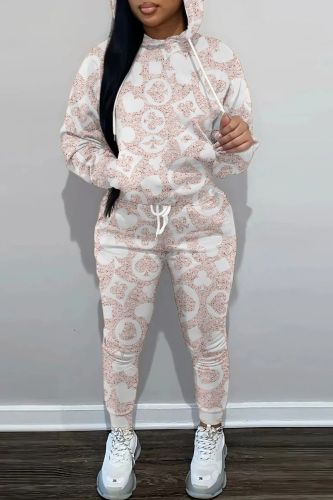 Apricot Casual Print Patchwork Hooded Collar Long Sleeve Two Pieces