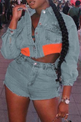 Sky Blue Denim Casual Solid Patchwork Turndown Collar Long Sleeve Coats Mini Shorts Two Piece Sets