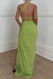 Green Sexy Casual Solid Hollowed Out Backless Slit Oblique Collar Sleeveless Two Pieces