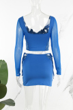 Blue Sexy Casual Solid Patchwork Frenulum Square Collar Long Sleeve Two Pieces