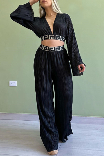 Black Casual Solid Patchwork V Neck Long Sleeve Two Pieces