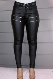 Black Casual Solid Patchwork Zipper Skinny High Waist Pencil Solid Color Trousers (Without Belt)