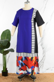 Green Casual Striped Color Block Patchwork O Neck Long Dress Plus Size Dresses