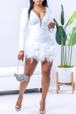 White Sexy Formal Solid Feathers V Neck Wrapped Skirt Dresses