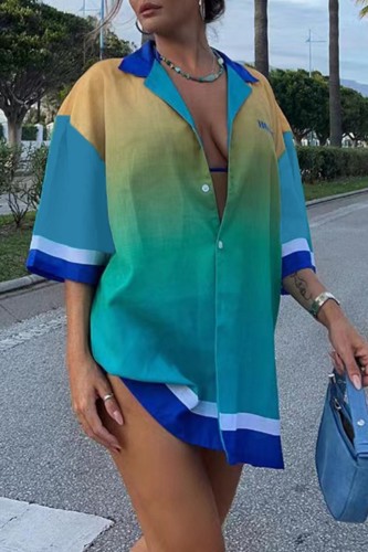 Green Casual Print Patchwork Shirt Collar Tops