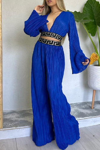 Blue Casual Solid Patchwork V Neck Long Sleeve Two Pieces