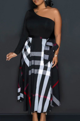 Black Sexy Street Plaid Bandage Patchwork Backless High Opening One Shoulder Printed Dress Dresses