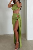 Green Sexy Casual Solid Hollowed Out Backless Slit Oblique Collar Sleeveless Two Pieces