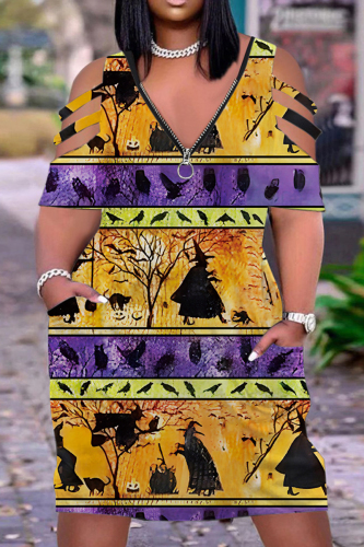 Orange Yellow Halloween Pumpkin Ghost Print Deep V Neck Short Sleeve Loose Fit T Shirt Midi Dress