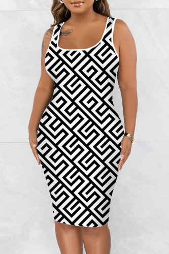Black White Casual Print Basic U Neck Vest Dress Dresses