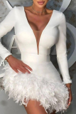 White Sexy Formal Solid Feathers V Neck Wrapped Skirt Dresses