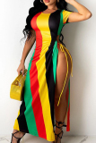 Colour Rainbow Striped Print Short Sleeve High Slit Daily Vacation Bodycon Maxi Dress