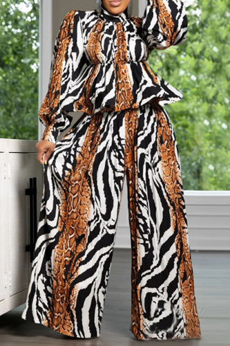 Black Brown Street Print Patchwork Mandarin Collar Long Sleeve Two Pieces