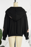 Black Casual Solid Pocket Patch Hooded Collar Tops