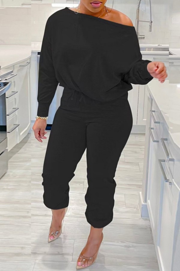 Black Casual Solid Basic Oblique Collar Plus Size Two Pieces