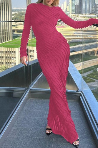 Rose Red Casual Solid Patchwork O Neck Long Dress Dresses