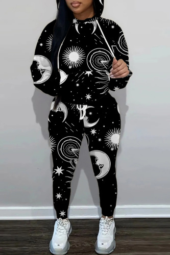 Black Casual Print Patchwork Hooded Collar Long Sleeve Two Pieces