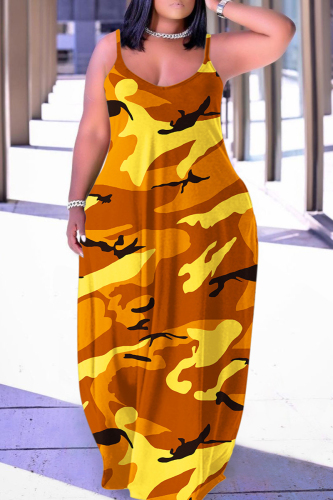 Orange Sexy Casual Print Backless Spaghetti Strap Long Dress Dresses