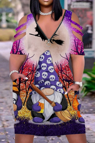 Purple Halloween Pumpkin Ghost Print Deep V Neck Short Sleeve Loose Fit T Shirt Midi Dress