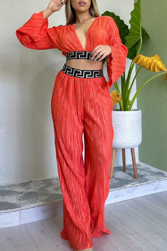 Orange Red Casual Solid Patchwork V Neck Long Sleeve Two Pieces