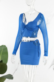 Blue Sexy Casual Solid Patchwork Frenulum Square Collar Long Sleeve Two Pieces
