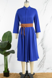 Royal Blue Casual Solid With Belt Mandarin Collar Long Sleeve Dresses
