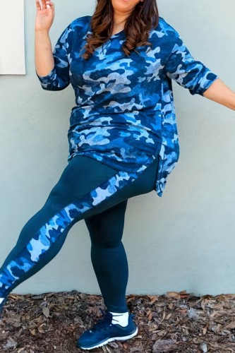 Blue Casual Camouflage Print Basic O Neck Plus Size Two Pieces