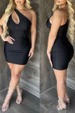Black Sexy Sweet Daily Party Elegant Patchwork Solid Color One Shoulder Asymmetrical Dresses