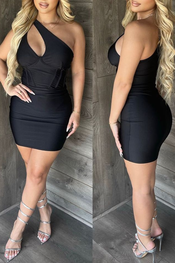 Black Sexy Sweet Daily Party Elegant Patchwork Solid Color One Shoulder Asymmetrical Dresses
