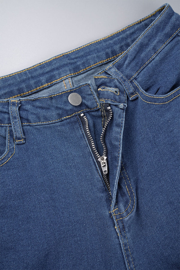 Wholesale Deep Blue Street Solid Ripped Patchwork Pocket Buttons Zipper ...
