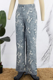Grey Casual Print Patchwork Regular High Waist Conventional Full Print Trousers