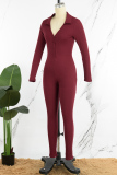 Burgundy Sexy Solid Patchwork Buckle V Neck Skinny Jumpsuits