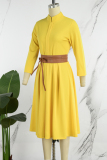 Yellow Casual Solid With Belt Mandarin Collar Long Sleeve Dresses
