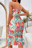 Apricot Floral Print Sleeveless Cami Crop Top and Skirt Set Daily Vacation Ladies Two Piece Dresses