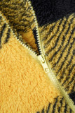 Gold Casual Plaid Patchwork Zipper Collar Outerwear
