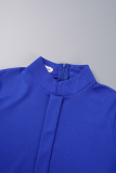 Royal Blue Casual Solid With Belt Mandarin Collar Long Sleeve Dresses