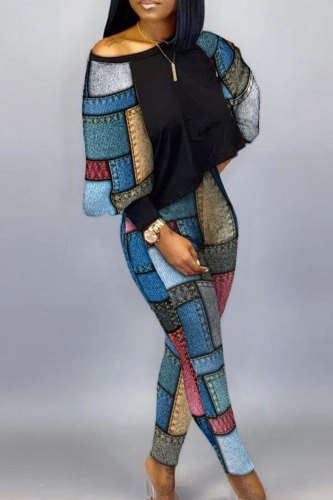 Colour Casual Print Patchwork Oblique Collar Plus Size Two Pieces